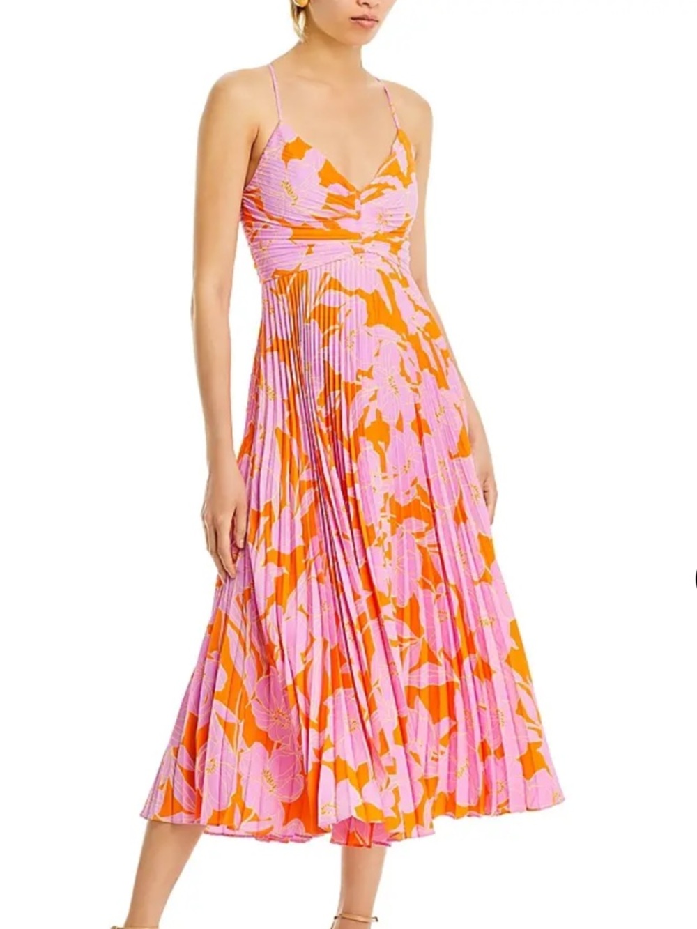 ASTR Pink & Orange Floral Pleated Midi Dress